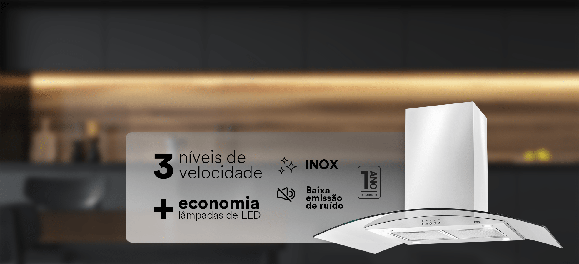 Coifa e Depurador de Ilha EOS Premium com Vidro Curvo e Inox ECO90IV