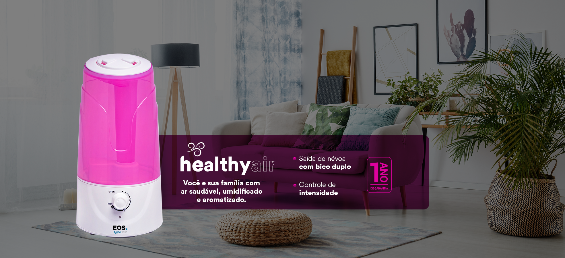 Umidificador e Aromatizador de Ar EOS Arctic Fresh Ultrassônico 3L 25W Rosa EUM02R Bivolt