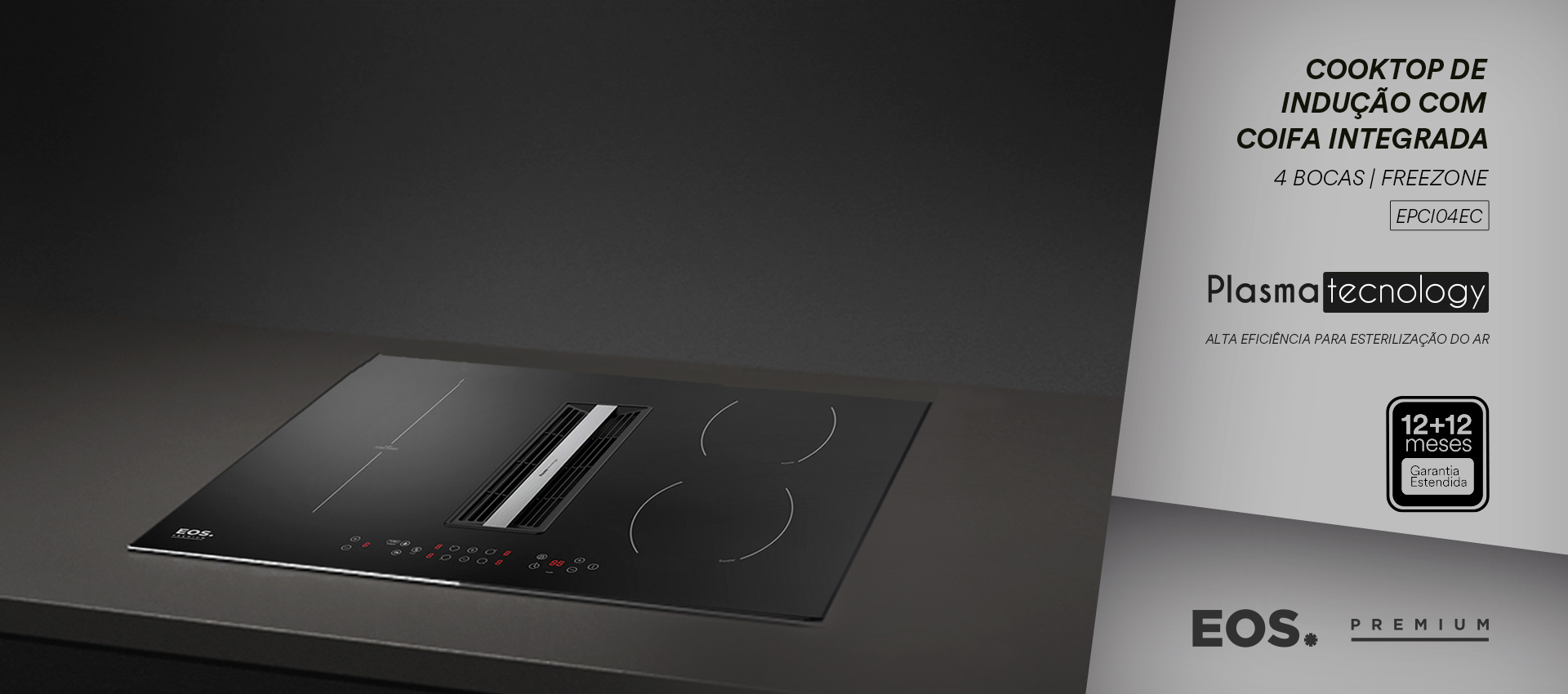 Cooktop de Indução 4 Bocas EOS Premium com Coifa Embutida e Ions de Plasma EPCI04EC 220V